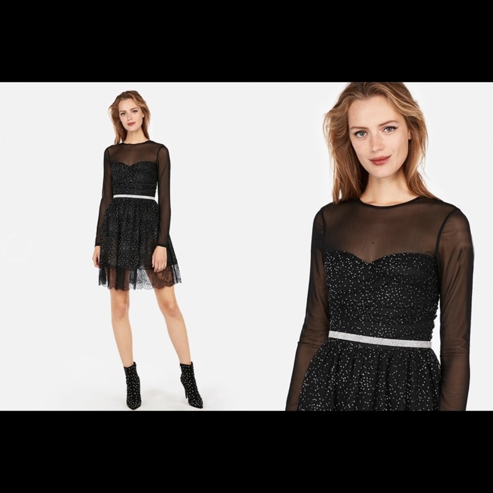 Black crystal mesh fit and flare dress